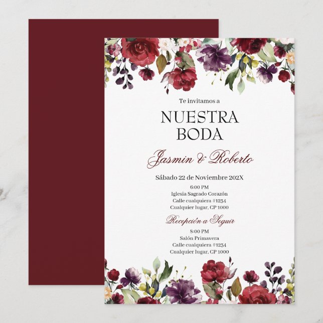 Spanish Burgundy Floral Wedding Invitation (Front/Back)