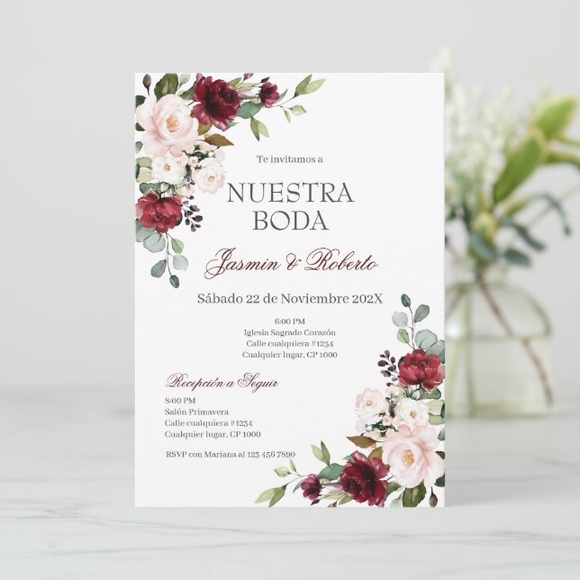 Spanish Burgundy Floral Wedding Invitation (Standing Front)