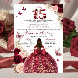 Spanish Burgundy Red Floral Princess Dress 15 Años Invitation