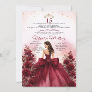 Spanish Burgundy Red Princess Floral Sweet 15 Años Invitation