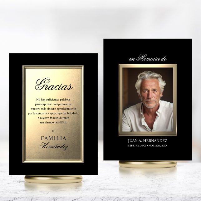 SPANISH Carta para funeral | Gold PHOTO Thank You Card (Carta para funerale - GRACIAS. Oro et negro. Recordatorios de difuntos, en MEMORIA de.)