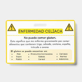 Spanish Celiac Disease Gluten Allergy Alert Card ID Badge