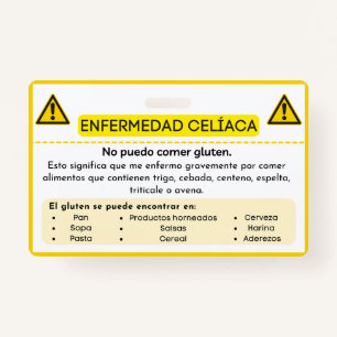 Spanish Celiac Disease Gluten Allergy Alert Card ID Badge