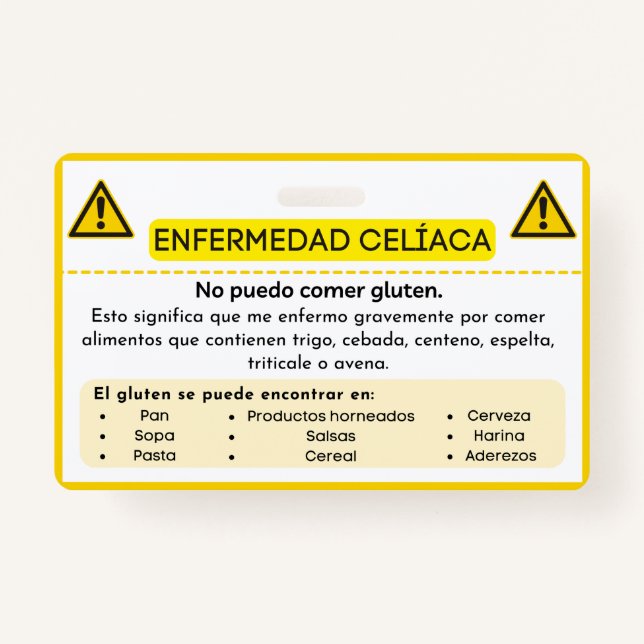 Spanish Celiac Disease Gluten Allergy Alert Card ID Badge (Front)