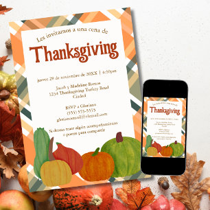 Spanish Cena de Thanksgiving Orange Autumn Plaid  Invitation