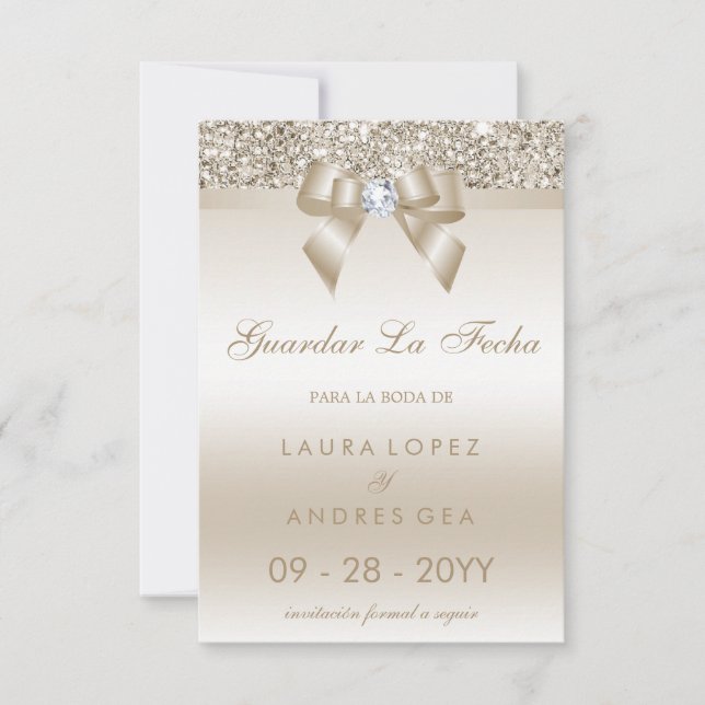 Spanish Champagne Sequin Diamond Bow Save The Date (Front)