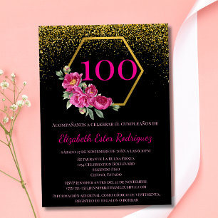 Spanish Charming Black Gold & Pink 100th Birthday Invitation