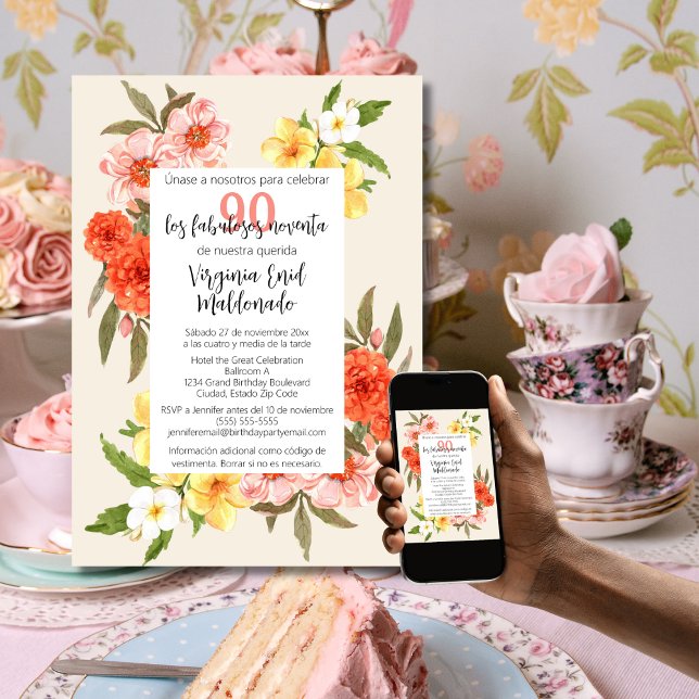 Spanish Charming Florals White Frame 90th Birthday Invitation (Creator Uploaded)