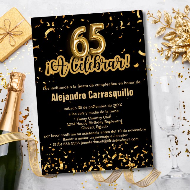 Spanish Chic Black & Gold Confetti 65th Birthday Invitation (Creator Uploaded)