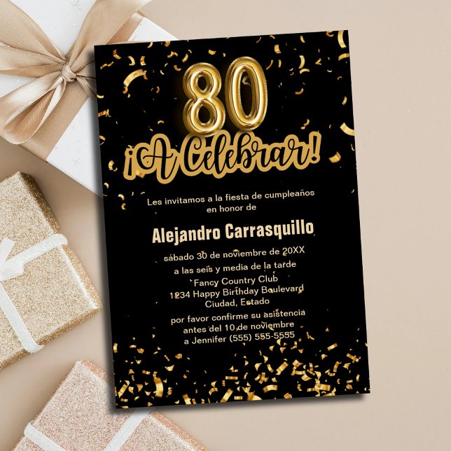 Spanish Chic Black & Gold Confetti 80th Birthday Invitation (Creator Uploaded)