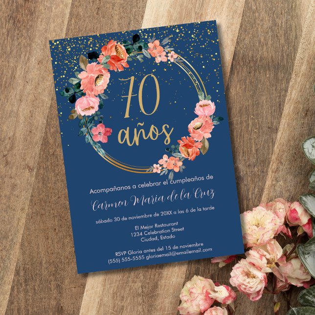 Spanish Chic Blue Pink Floral 70th Birthday Party Invitation (Creator Uploaded)