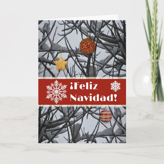 Spanish Christmas Ornaments on Snowy Branches Holiday Card (Front)