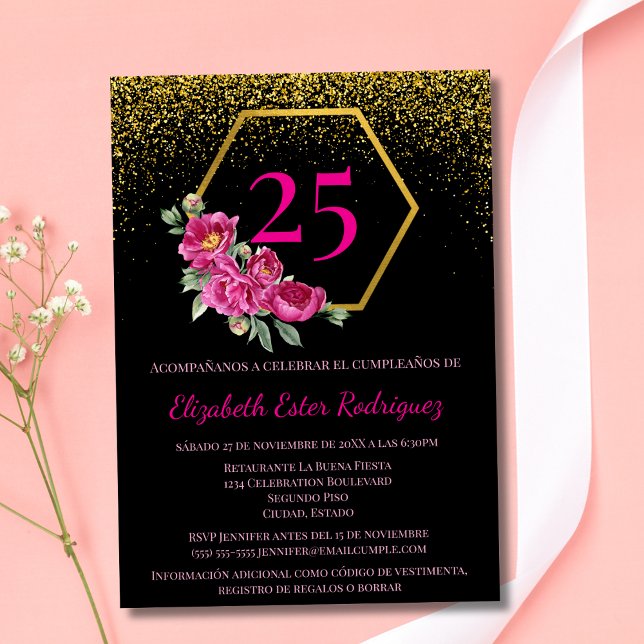 Spanish Classy Black Gold Pink 25th Birthday Invitation (Creator Uploaded)