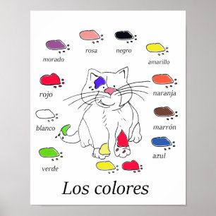 Spanish colour teaching poster with cat & paints