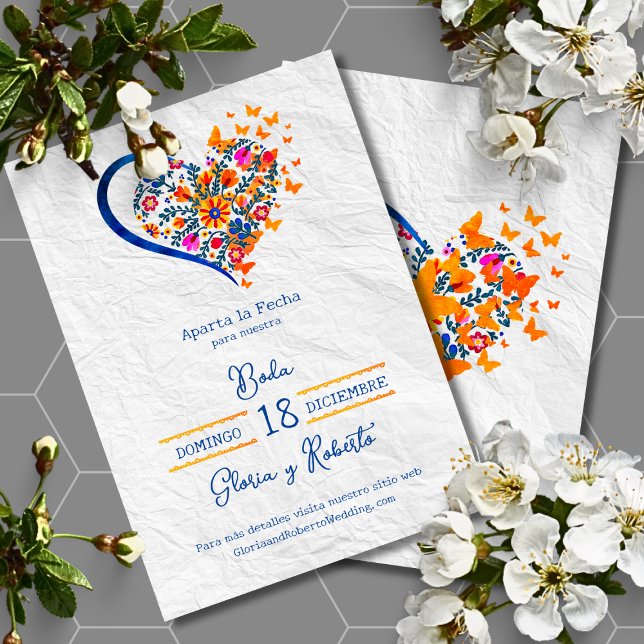 Spanish, Colourful Heart Mexican Wedding Save Date Invitation (Creator Uploaded)