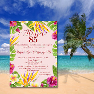 Spanish Colourful Pink Aloha Hawaiian 85th Birthda Invitation