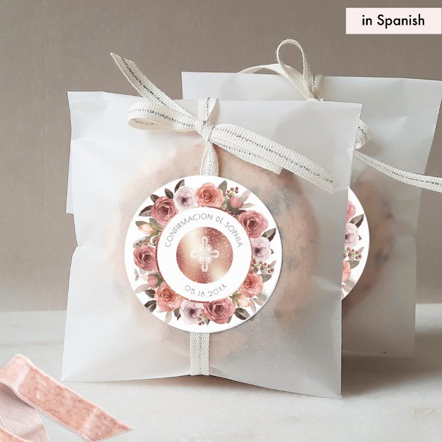 Spanish, Confirmation, Floral Envelope Seal/Favour Classic Round Sticker (Creator Uploaded)