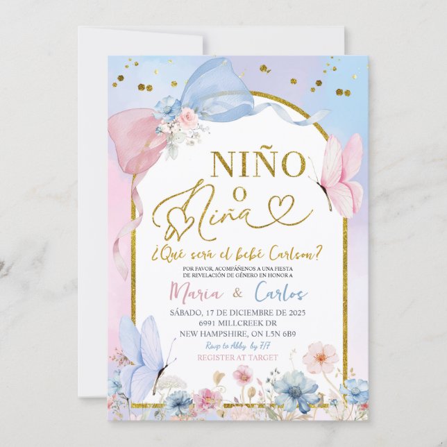 Spanish Coquette Blush Nino o Nina Gender Reveal Invitation (Front)