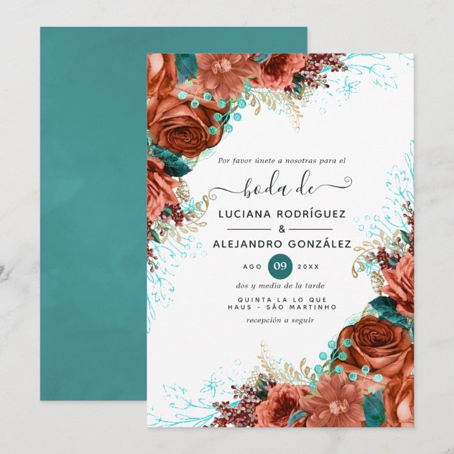 Spanish Coral and Teal Floral Wedding Invitation (Front/Back)