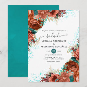 Spanish Coral and Teal Floral Wedding Invitation