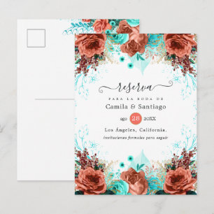 Spanish Coral and Turquoise Floral Wedding Announcement Postcard
