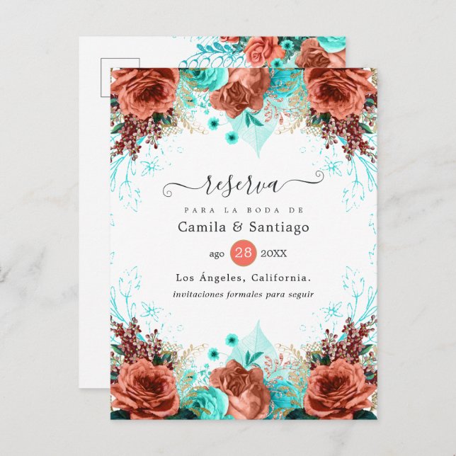 Spanish Coral and Turquoise Floral Wedding Announcement Postcard (Front/Back)