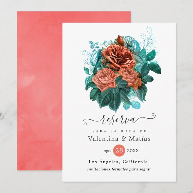 Spanish Coral and Turquoise Floral Wedding Save The Date (Front/Back)