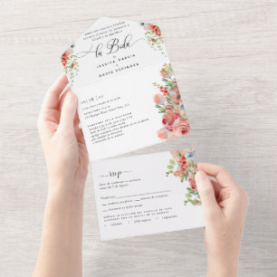 Spanish, Coral Peach, Cream Wedding Tear Off RSVP All In One Invitation