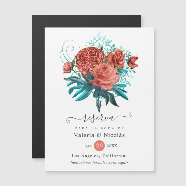 Spanish Coral & Teal Floral Wedding Save the Date Magnetic Invitation (Front/Back)