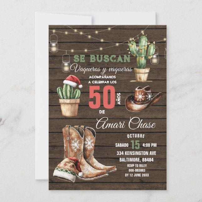 Spanish Cowboy Cactus Christmas 50 Años Birthday Invitation (Front)
