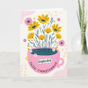 Spanish Cute Pink Coffee Mug Planter Birthday  Card