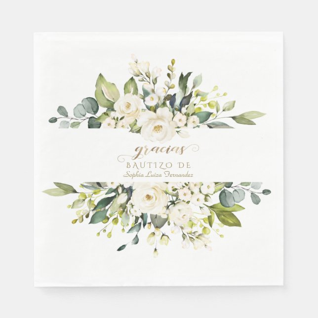 Spanish Delicate Ivory White Flowers Girl Bautizo Napkin (Front)
