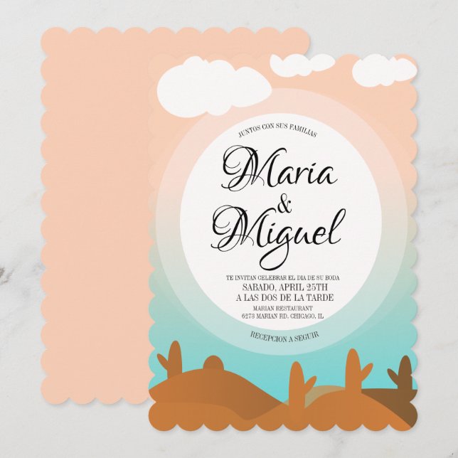Spanish Desert Boda Cactus Sunrise Wedding Invitation (Front/Back)