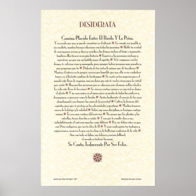 Spanish DESIDERATA Poster=Max Ehrmann=Parchment Poster (Front)