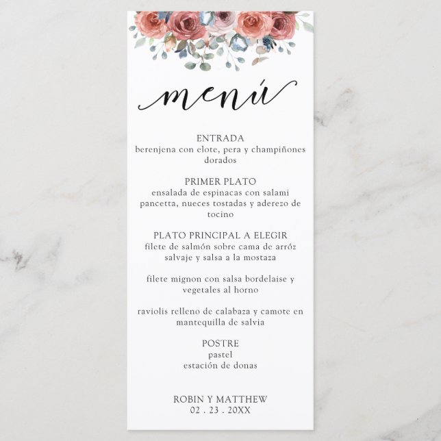 Spanish, Dusty Blue Blissful Floral Wedding Menu (Front)
