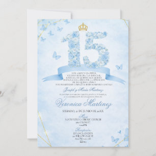 Spanish Dusty Blue Floral Gold Crown Sweet 15 Años Invitation