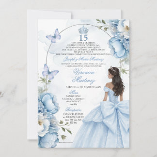 Spanish Dusty Blue Floral Princess Silver 15 Años  Invitation