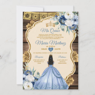 Spanish Dusty Blue Floral Wood Quiñceanera Invitation