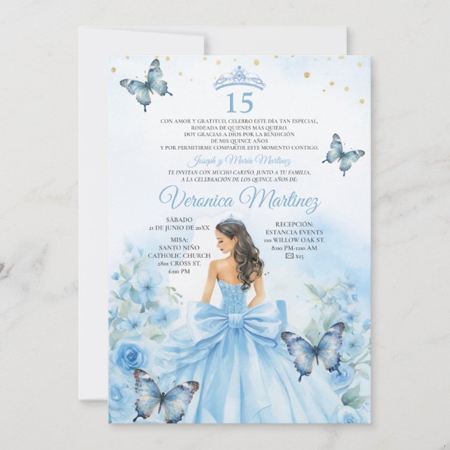 Spanish Dusty Blue Princess Butterfly Bow 15 Años Invitation (Front)