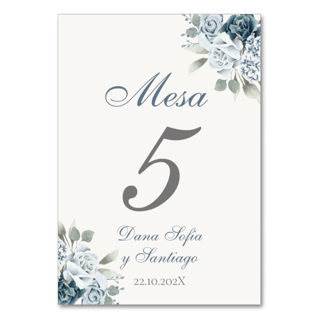 Spanish Dusty Blue Wedding Table Number (Front)