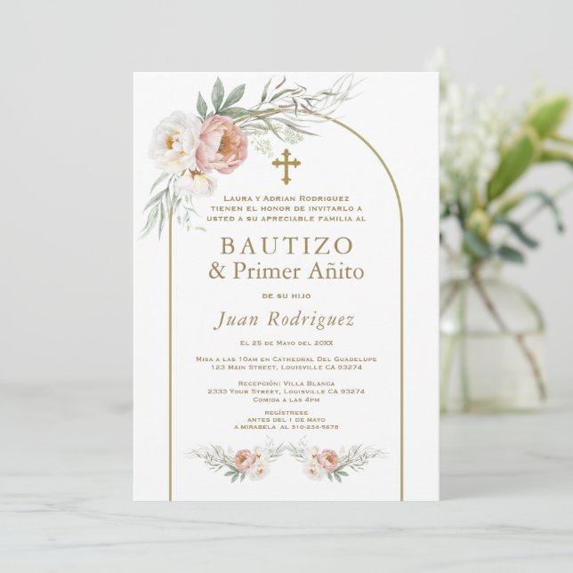 Spanish Dusty Rose Flowers Baptism 1st Birthday Invitation (Standing Front)