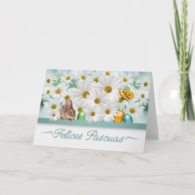 Spanish Easter Daisy Garden Bunny and Eggs Card (Front)