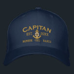 SPANISH El Capitan Year and Name in Golden Style Embroidered Hat<br><div class="desc">An elegant Spanish Captain nautical style golden lifesaver anchor personalised embroidered baseball cap. Casual fashion that will make an impression on, or off the boat! Personalise this embroidery design with your text and a year. Here's a selection of fine custom casual embroidered baseball caps; in a nautical style, you can...</div>