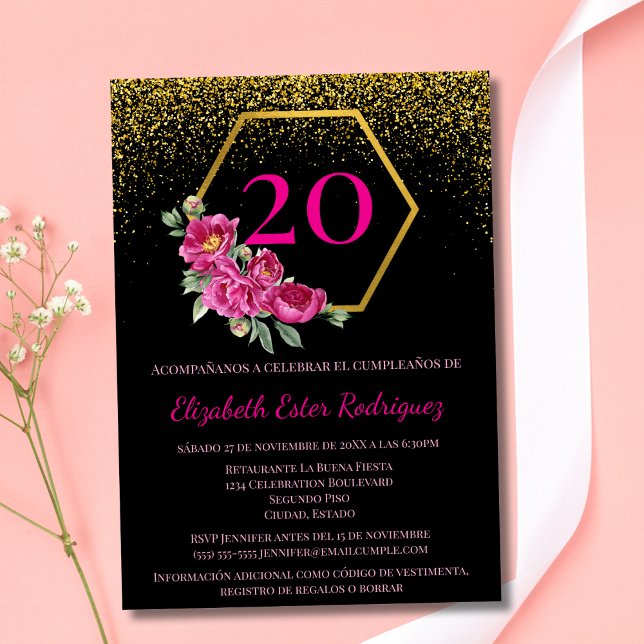 Spanish Elegant Black Gold Pink 20th Birthday Invitation (Creator Uploaded)