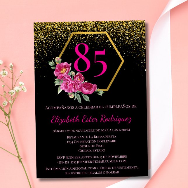 Spanish Elegant Black Gold & Pink 85th Birthday Invitation (Creator Uploaded)