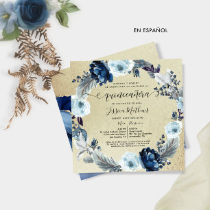 Spanish, Elegant Blue and Gold, Floral Quinceañera Invitation