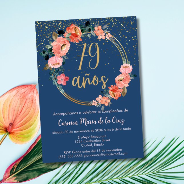 Spanish Elegant Blue Pink Floral 79th Birthday  Invitation (Creator Uploaded)
