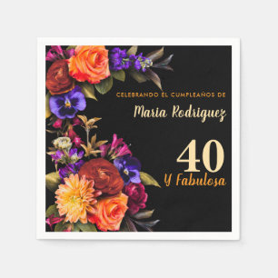 Spanish Elegant Bright Florals Black 40th Birthday Napkin