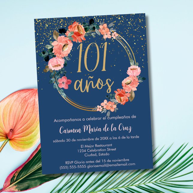 Spanish Elegant Chic Blue Pink 101st Birthday Invitation (Creator Uploaded)