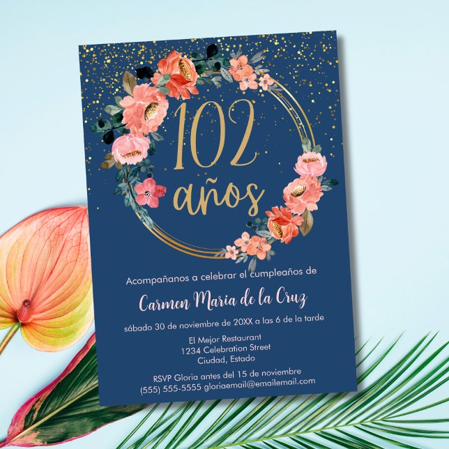Spanish Elegant Chic Blue Pink 102nd Birthday Invitation (Creator Uploaded)